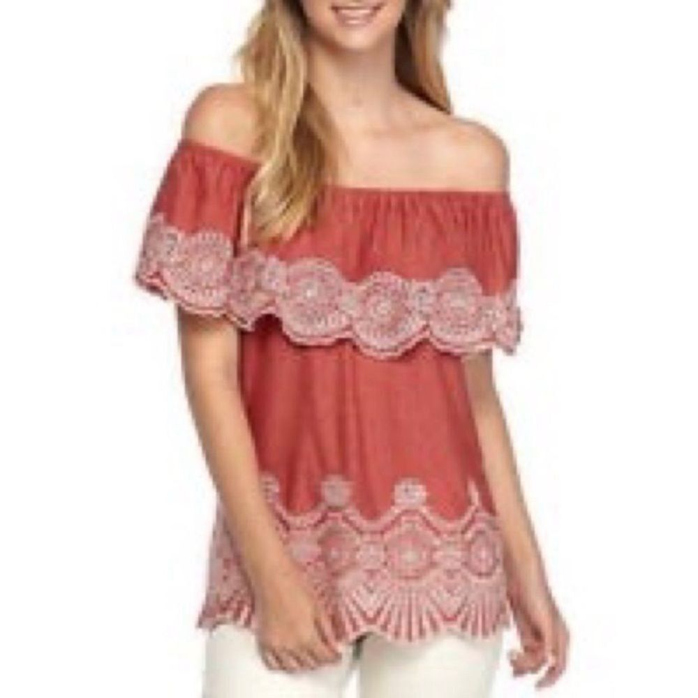 Fever Off the Shoulder Boho Embroidered Eyelet Ruffled Top Size S Heather Red